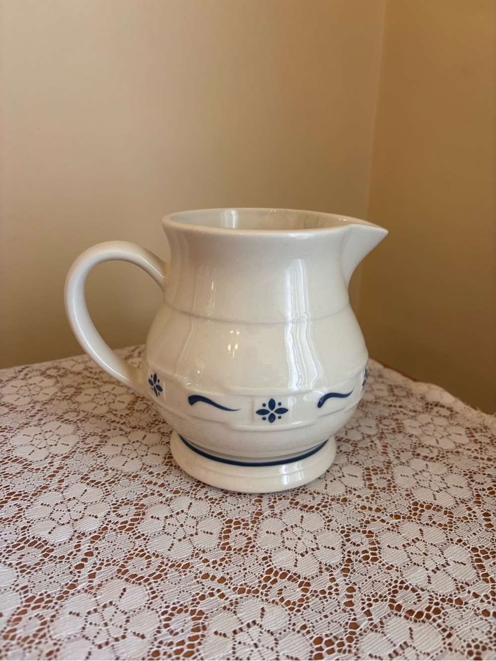 Longaberger Juice Pitcher Cream Ceramic Pitcher with Blue Floral Accent
